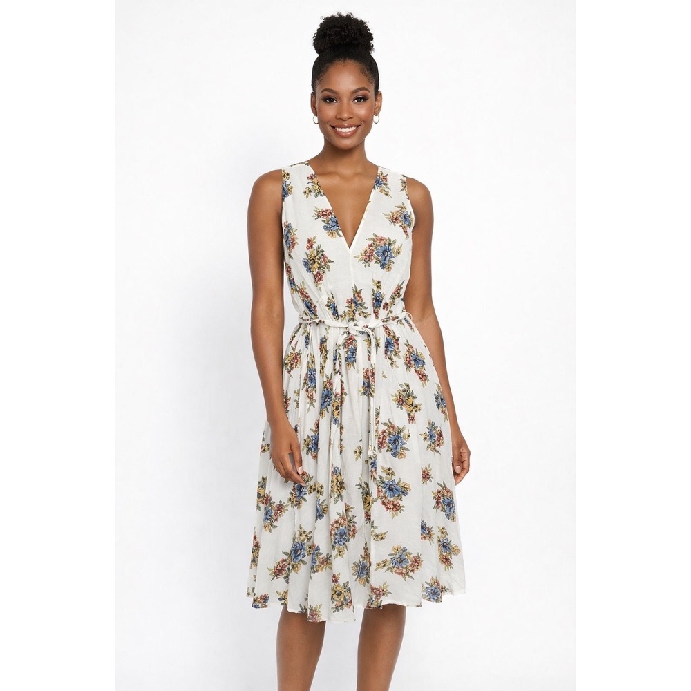 United Colors of Benetton Floral V-Neck Sleeveless Pleated Midi Dress White